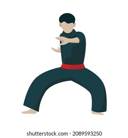 A boy demonstrates a move from silat, a martial arts from Indonesia. A male fighter wearing a martial arts robe and a red belt.