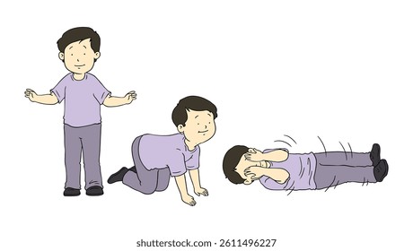 Boy Demonstrating the Stop Drop Roll Exercise Commonly Used in Fire Drills