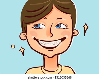 Boy with dental braces. Portrait of a smiling young teenager. Cartoon vector illustration. 