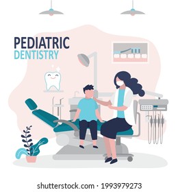 Boy At Dentist Appointment. Female Character Examines Child Teeth For Caries, Disease. Concept Of Pediatric Dentistry And Healthcare. Dental Office Interior Design. Trendy Flat Vector Illustration