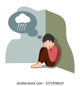 A boy in depression with gloomy thoughts in speech bubble. An unhappy little boy sat and covered his face with his palm. Depressed teenager. Flat illustration design.