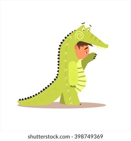 Boy Desguised As Crocodile Flat Isolated Vector Image In Cartoon Style On White Background