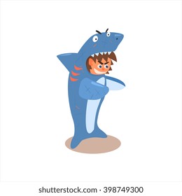 Boy Desguised As Shark Flat Isolated Vector Image In Cartoon Style On White Background