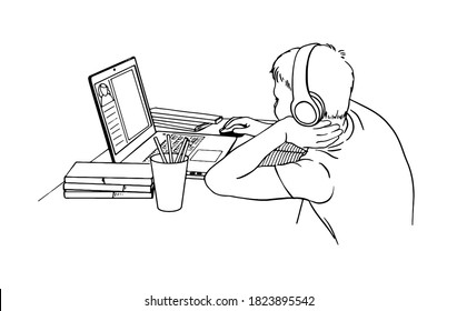 Boy at the desk is learning online. Distance learning. Vector drawn illustration on white background. Black and white drawing.