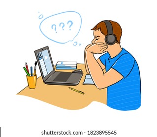 Boy at the desk is learning online. Distance learning. Vector drawn illustration on white background. 