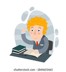 Boy at Desk at school with book. Training and education of students. Funny flat children drawing. Red kid in suit. Concept of smart student. Gesture of hands up.