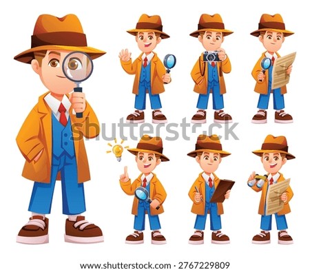 Boy detective collection with light bulb idea, magnifying glass, and investigation gear. Vector cartoon character illustration