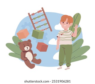 Chico con juegos de desarrollo. Preescolar con osito de peluche y cubos. Niño con juguetes. Ocio, diversión y entretenimiento. Ilustración vectorial plana aislada sobre fondo blanco