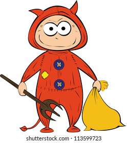 boy in a devil costume with bag of candy. Halloween concept
