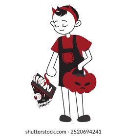Boy in devil costume with pumpkin and toothy cake. Concept of traditional Halloween celebration. Vector illustration isolated on white background.