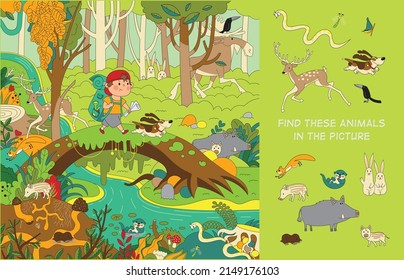 A boy with a devoted dog travel through the forest. Find the animals in the picture. Hidden Object Puzzle. Vector illustration.