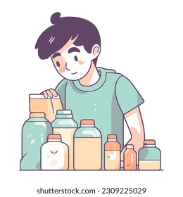 boy with differen bottles icon isolated