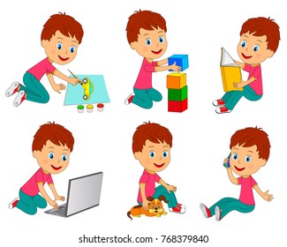 boy different activity,draw,write,read, computer,play,speak,illustration,vector