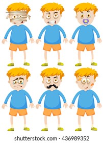 Boy with different faces and emotions illustration