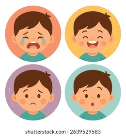 Boy with different facial expressions: crying, laughing, sad, and surprised. Flat cartoon illustration in round colorful frames. Emotional reaction and mood concept for kindergarten education