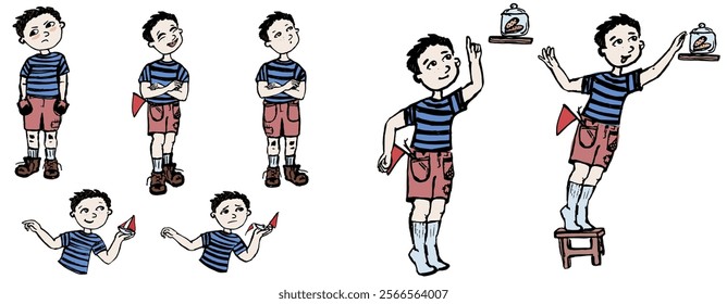 A boy with different facial expressions. Hand draw set. Vector, isolated. Artistic illustration.