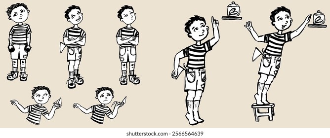 A boy with different facial expressions. Hand draw set. Vector, isolated. Artistic illustration.