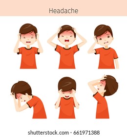 Boy With Different Headache Actions, Head, Brain, Internal Organs, Body, Physical, Sickness, Anatomy, Health