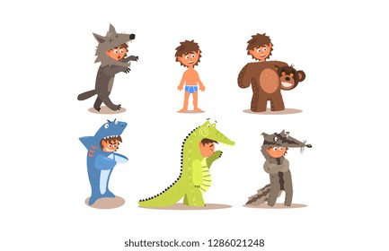Boy in different masquerade costumes set, wolf, bear, shark fish, crocodile, raccoon, vector Illustration