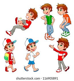 Boy in different poses and expressions.  Vector isolated characters.