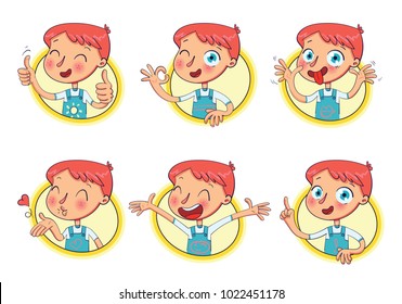 Boy in different situations. Emotions on face. Funny grimace, shows tongue, thumbs up, air kiss, sign of okay, hands up. Funny cartoon character. Vector illustration. Isolated on white background