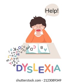 Boy with difficulty in reading. Dyslexia concept. Child doing hard homework. Letters escape from the book. Vector illustration isolated on white background.