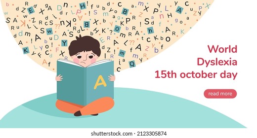 Boy with difficulty in reading. October is Dyslexia Awareness Month. Illustration for banner, landing page or poster. Vector