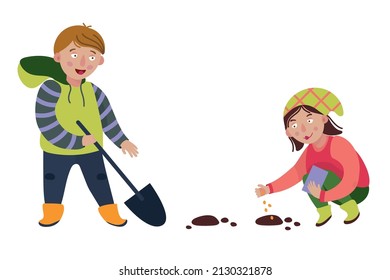 Boy digging ground using shovel to planting a plant at home garden. Girls sowing seeds. Gardening vector illustration on white background.