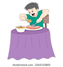 Der Junge ist am Esstisch und genießt eine ganze Menge Essen. Vektordesign-Illustration