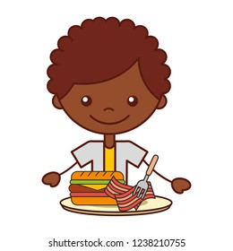 boy with dinner sandwich and bacon