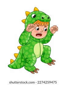 Niño disfrazado de dino. Alegre escolar con ropa de animal de época, actividad y juegos. Imaginación y fantasía. Niño ruidoso con lagarto de disfraces o monstruo. Dibujo vectorial plano de dibujos animados