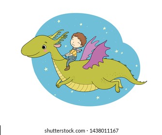 The boy and the dinosaur. The prince flies on a dragon.