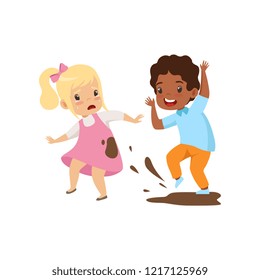 Boy dirtying the girl with dirt, bad behavior, conflict between kids, mockery and bullying at school vector Illustration on a white background