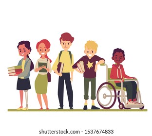 A boy is disabled in a wheelchair and a girl with disabilities and prosthetic legs is standing with friends with teenagers with books. Isolated vector illustration in a flat cartoon style.