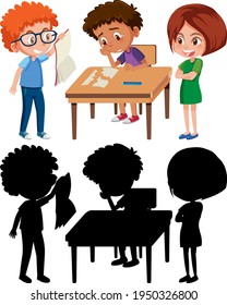 A boy with disappointed face because other children bullying him illustration