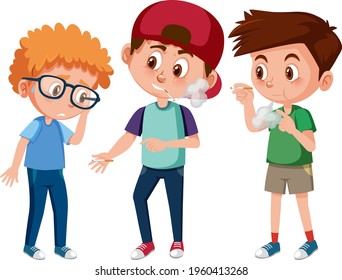 A boy with disappointed face because two boys want him to smoke illustration