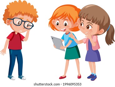 A boy with disappointed face because two girls bullying him illustration
