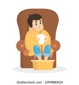 Boy with disease sitting with thermometer on chair.