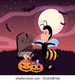 boy in disguise of wasp in scene of halloween