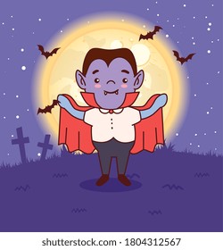 boy disguised of count dracula for happy halloween in dark night vector illustration design
