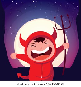 boy disguised of devil in scene of halloween vector illustration design