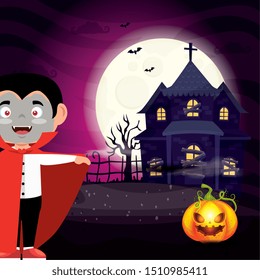 boy disguised of dracula with haunted house