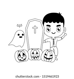 boy disguised as a frankenstein with icons halloween
