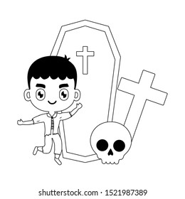 boy disguised as a frankenstein with icons halloween vector illustration design