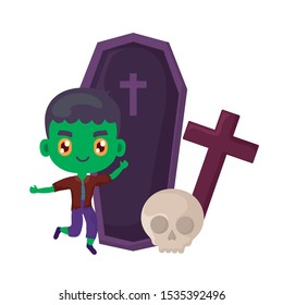 boy disguised as a frankenstein with icons halloween vector illustration design