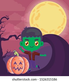 boy disguised of frankenstein with pumpkin vector illustration design