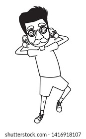 boy disguised with a mask of fake nose mustache and glasses avatar cartoon character black and white vector illustration graphic design