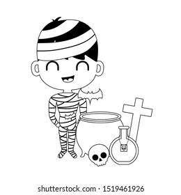 boy disguised as a mummy with icons halloween