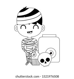 boy disguised as a mummy with icons halloween vector illustration design