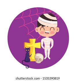 boy disguised as a mummy with icons halloween vector illustration design